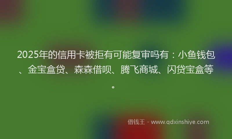 2025年的信用卡被拒有可能复审吗有：小鱼钱包、金宝盒贷、森森借呗、腾飞商城、闪贷宝盒等。