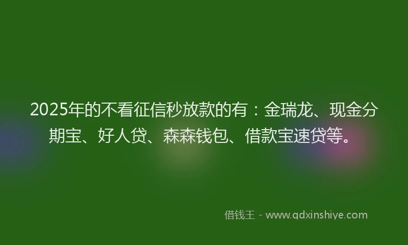 2025年的不看征信秒放款的有：金瑞龙、现金分期宝、好人贷、森森钱包、借款宝速贷等。