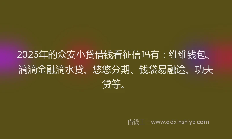 2025年的众安小贷借钱看征信吗有：维维钱包、滴滴金融滴水贷、悠悠分期、钱袋易融途、功夫贷等。