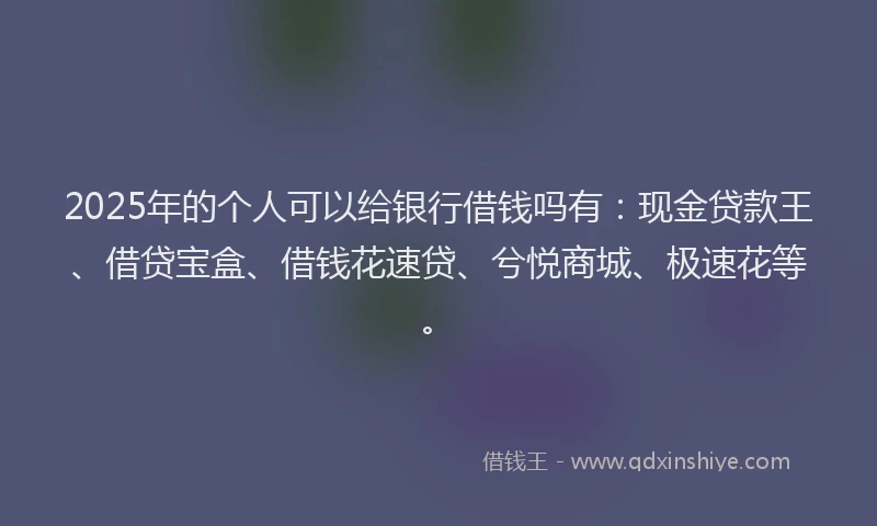 2025年的个人可以给银行借钱吗有：现金贷款王、借贷宝盒、借钱花速贷、兮悦商城、极速花等。