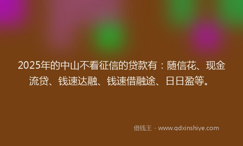 2025年的中山不看征信的贷款有：随信花、现金流贷、钱速达融、钱速借融途、日日盈等。