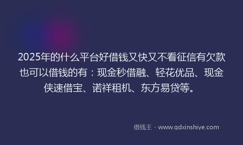 2025年的什么平台好借钱又快又不看征信有欠款也可以借钱的有：现金秒借融、轻花优品、现金侠速借宝、诺祥租机、东方易贷等。