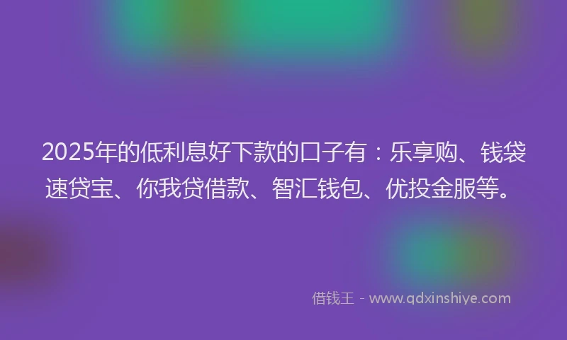 2025年的低利息好下款的口子有：乐享购、钱袋速贷宝、你我贷借款、智汇钱包、优投金服等。