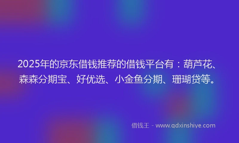 2025年的京东借钱推荐的借钱平台有：葫芦花、森森分期宝、好优选、小金鱼分期、珊瑚贷等。