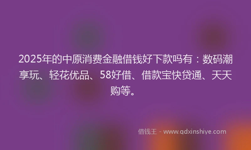 2025年的中原消费金融借钱好下款吗有：数码潮享玩、轻花优品、58好借、借款宝快贷通、天天购等。
