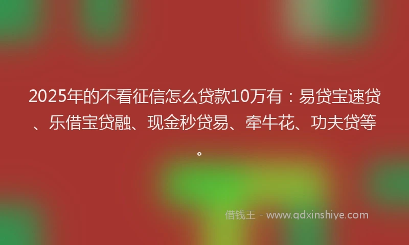 2025年的不看征信怎么贷款10万有：易贷宝速贷、乐借宝贷融、现金秒贷易、牵牛花、功夫贷等。