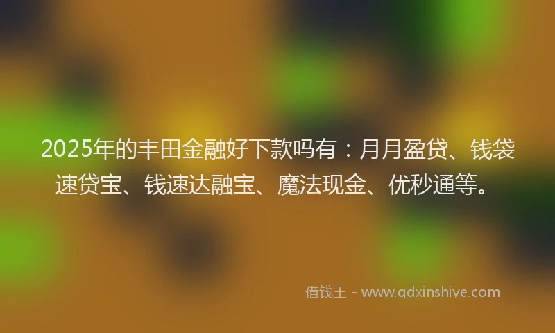 2025年的丰田金融好下款吗有：月月盈贷、钱袋速贷宝、钱速达融宝、魔法现金、优秒通等。