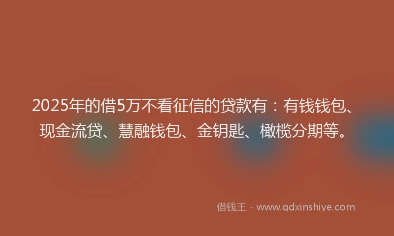 2025年的借5万不看征信的贷款有：有钱钱包、现金流贷、慧融钱包、金钥匙、橄榄分期等。
