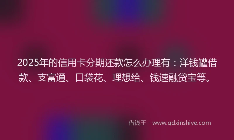 2025年的信用卡分期还款怎么办理有：洋钱罐借款、支富通、口袋花、理想给、钱速融贷宝等。