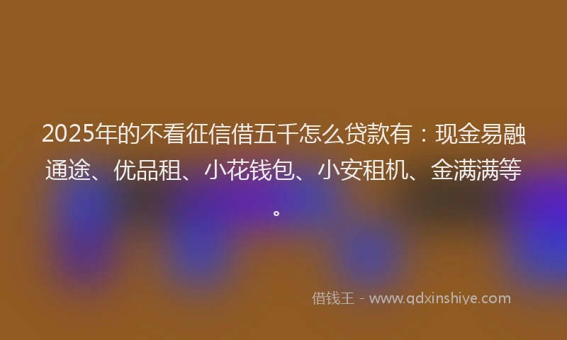 2025年的不看征信借五千怎么贷款有：现金易融通途、优品租、小花钱包、小安租机、金满满等。