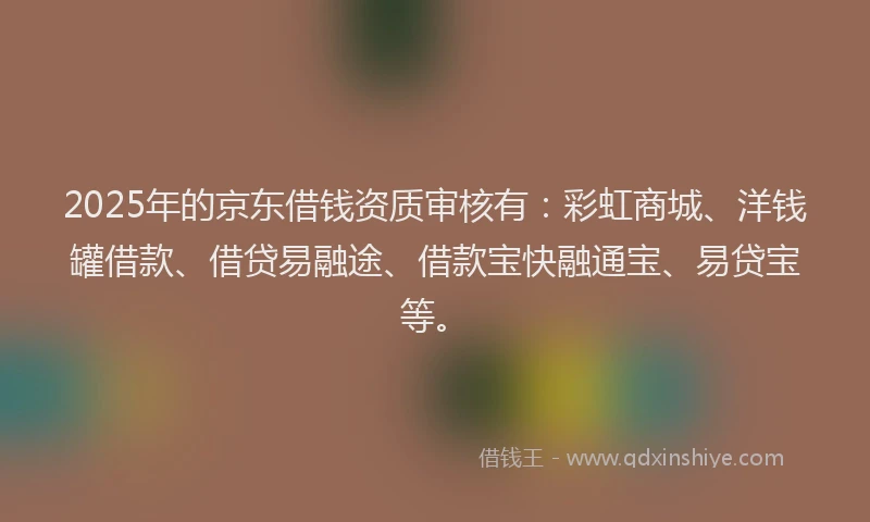 2025年的京东借钱资质审核有：彩虹商城、洋钱罐借款、借贷易融途、借款宝快融通宝、易贷宝等。