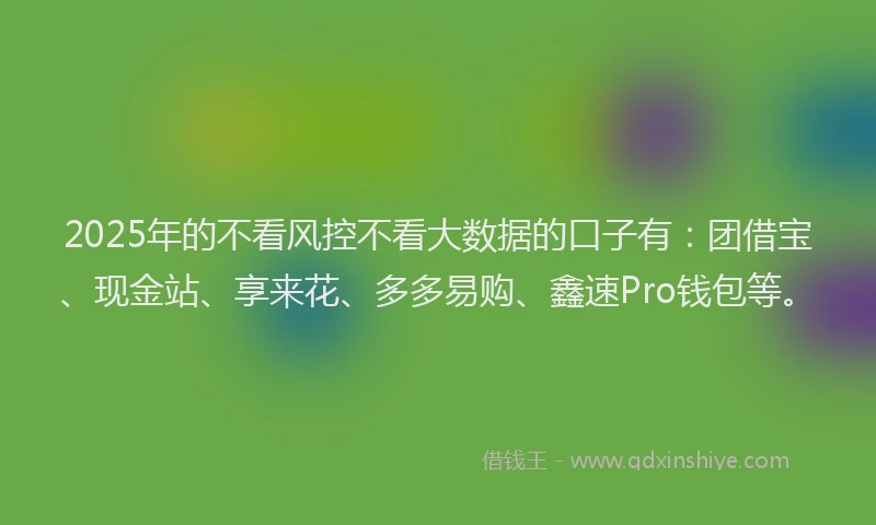 2025年的不看风控不看大数据的口子有：团借宝、现金站、享来花、多多易购、鑫速Pro钱包等。
