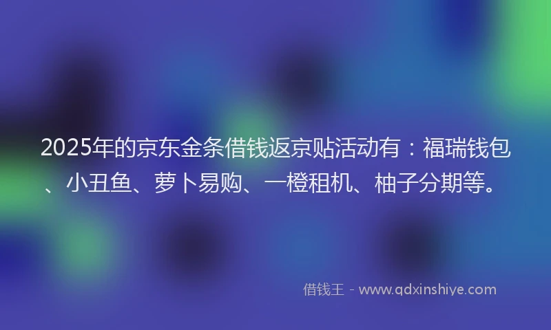 2025年的京东金条借钱返京贴活动有：福瑞钱包、小丑鱼、萝卜易购、一橙租机、柚子分期等。