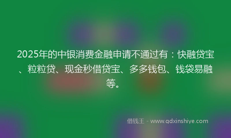 2025年的中银消费金融申请不通过有：快融贷宝、粒粒贷、现金秒借贷宝、多多钱包、钱袋易融等。