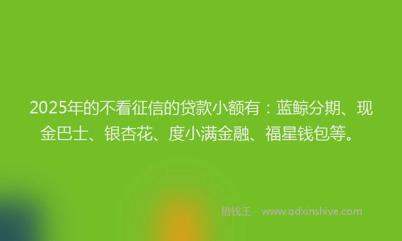 2025年的不看征信的贷款小额有：蓝鲸分期、现金巴士、银杏花、度小满金融、福星钱包等。