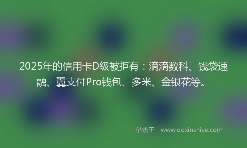 2025年的信用卡D级被拒有：滴滴数科、钱袋速融、翼支付Pro钱包、多米、金银花等。