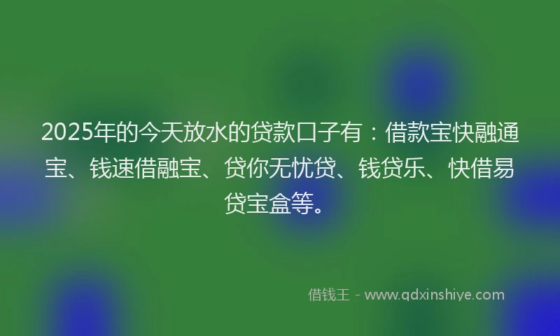 2025年的今天放水的贷款口子有：借款宝快融通宝、钱速借融宝、贷你无忧贷、钱贷乐、快借易贷宝盒等。