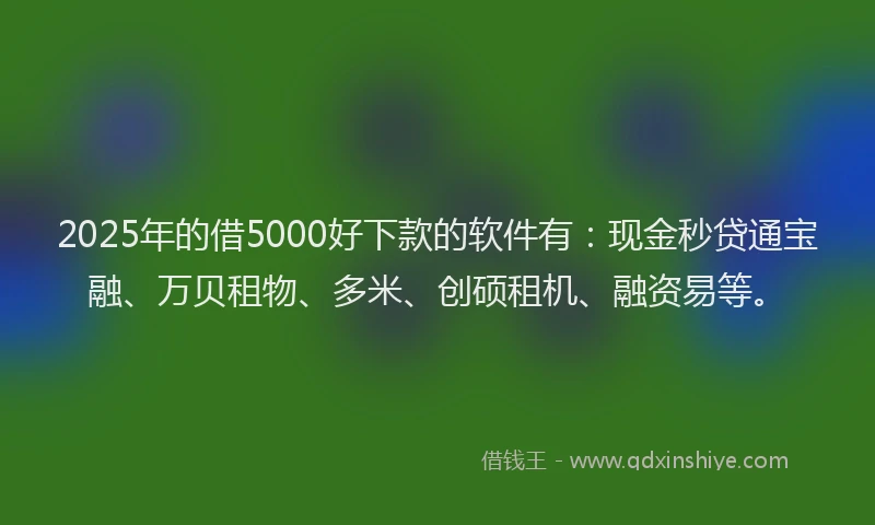 2025年的借5000好下款的软件有：现金秒贷通宝融、万贝租物、多米、创硕租机、融资易等。