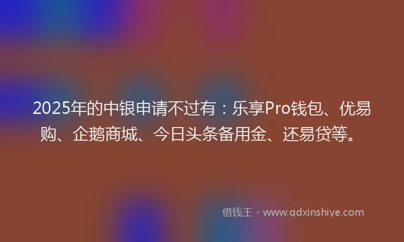 2025年的中银申请不过有：乐享Pro钱包、优易购、企鹅商城、今日头条备用金、还易贷等。
