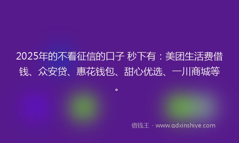 2025年的不看征信的口子 秒下有：美团生活费借钱、众安贷、惠花钱包、甜心优选、一川商城等。