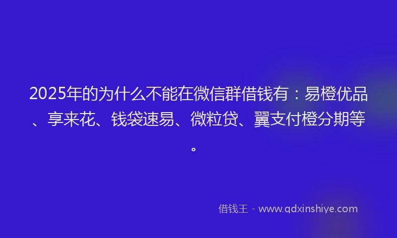 2025年的为什么不能在微信群借钱有：易橙优品、享来花、钱袋速易、微粒贷、翼支付橙分期等。