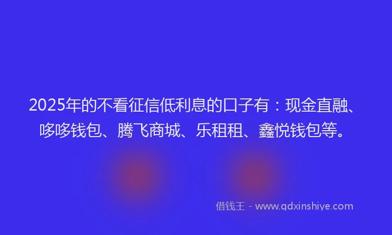 2025年的不看征信低利息的口子有：现金直融、哆哆钱包、腾飞商城、乐租租、鑫悦钱包等。