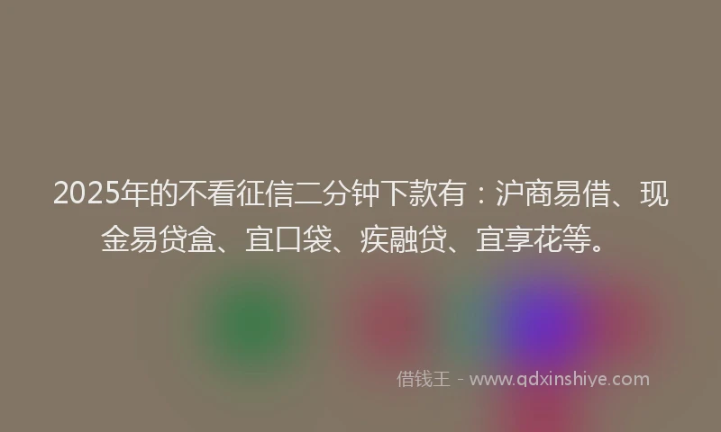 2025年的不看征信二分钟下款有：沪商易借、现金易贷盒、宜口袋、疾融贷、宜享花等。