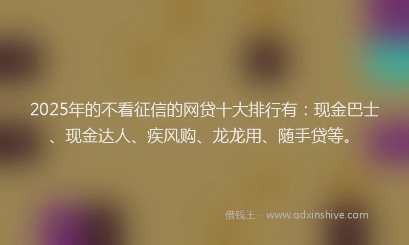 2025年的不看征信的网贷十大排行有：现金巴士、现金达人、疾风购、龙龙用、随手贷等。