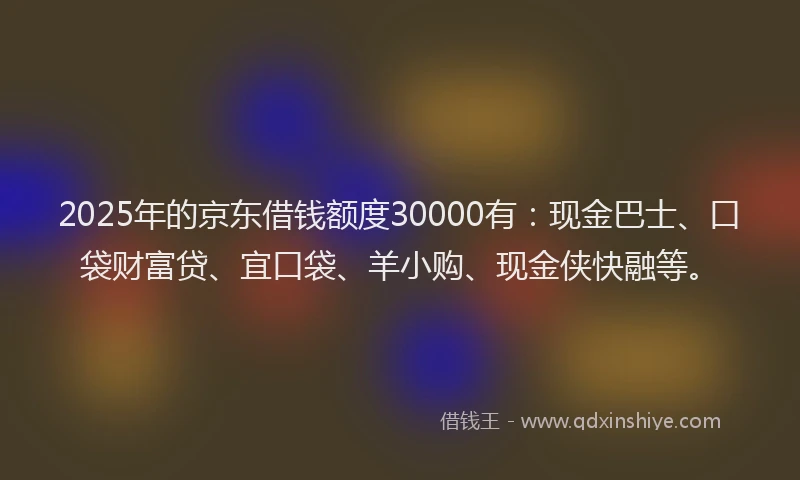 2025年的京东借钱额度30000有：现金巴士、口袋财富贷、宜口袋、羊小购、现金侠快融等。