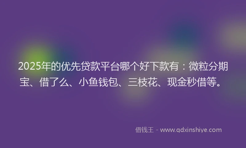 2025年的优先贷款平台哪个好下款有：微粒分期宝、借了么、小鱼钱包、三枝花、现金秒借等。