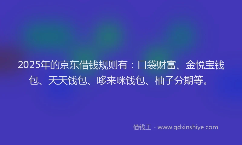 2025年的京东借钱规则有：口袋财富、金悦宝钱包、天天钱包、哆来咪钱包、柚子分期等。