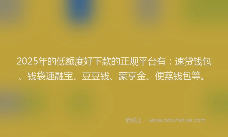 2025年的低额度好下款的正规平台有：速贷钱包、钱袋速融宝、豆豆钱、蒙享金、便荔钱包等。