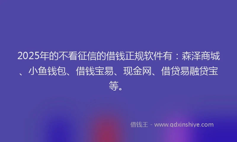 2025年的不看征信的借钱正规软件有：森泽商城、小鱼钱包、借钱宝易、现金网、借贷易融贷宝等。