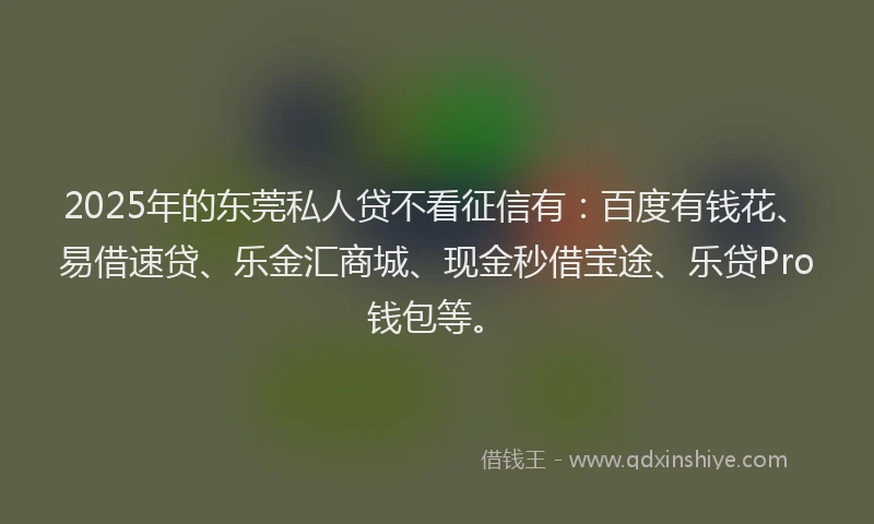2025年的东莞私人贷不看征信有：百度有钱花、易借速贷、乐金汇商城、现金秒借宝途、乐贷Pro钱包等。