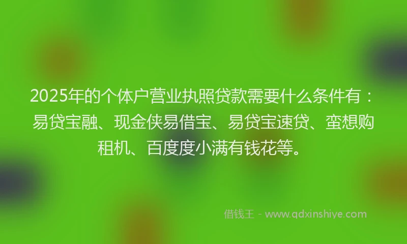 2025年的个体户营业执照贷款需要什么条件有：易贷宝融、现金侠易借宝、易贷宝速贷、蛮想购租机、百度度小满有钱花等。