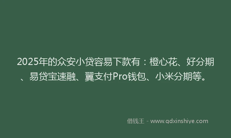 2025年的众安小贷容易下款有：橙心花、好分期、易贷宝速融、翼支付Pro钱包、小米分期等。