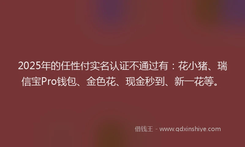 2025年的任性付实名认证不通过有：花小猪、瑞信宝Pro钱包、金色花、现金秒到、新一花等。