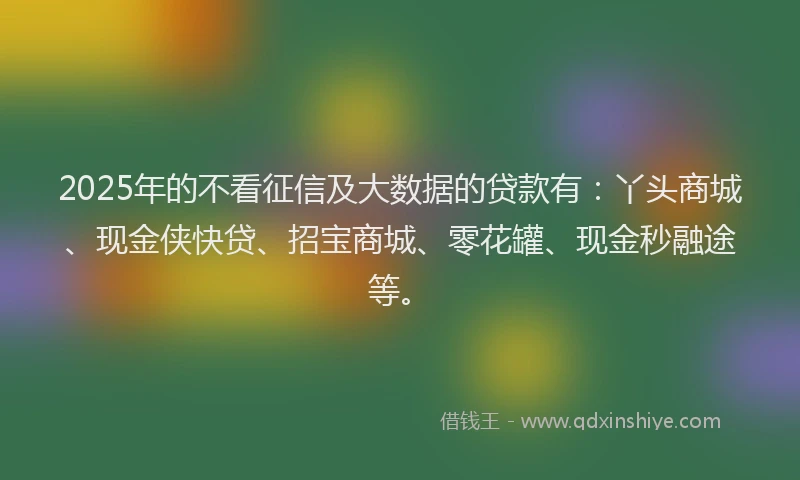 2025年的不看征信及大数据的贷款有：丫头商城、现金侠快贷、招宝商城、零花罐、现金秒融途等。