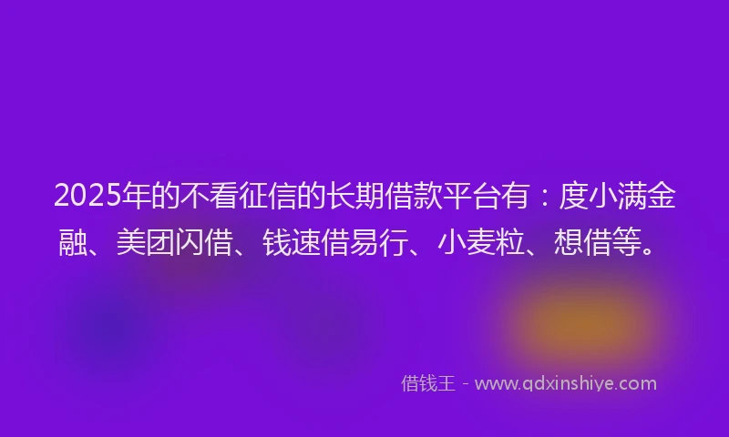2025年的不看征信的长期借款平台有：度小满金融、美团闪借、钱速借易行、小麦粒、想借等。