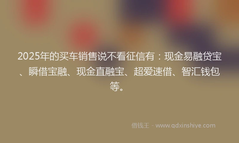 2025年的买车销售说不看征信有：现金易融贷宝、瞬借宝融、现金直融宝、超爱速借、智汇钱包等。