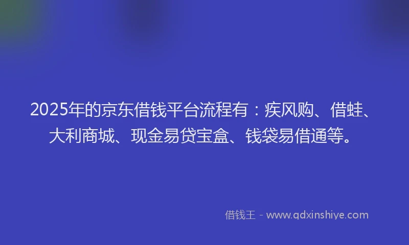 2025年的京东借钱平台流程有：疾风购、借蛙、大利商城、现金易贷宝盒、钱袋易借通等。
