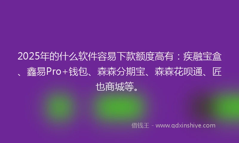 2025年的什么软件容易下款额度高有：疾融宝盒、鑫易Pro+钱包、森森分期宝、森森花呗通、匠也商城等。