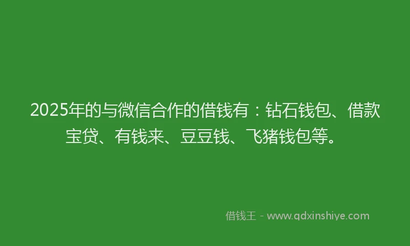 2025年的与微信合作的借钱有：钻石钱包、借款宝贷、有钱来、豆豆钱、飞猪钱包等。