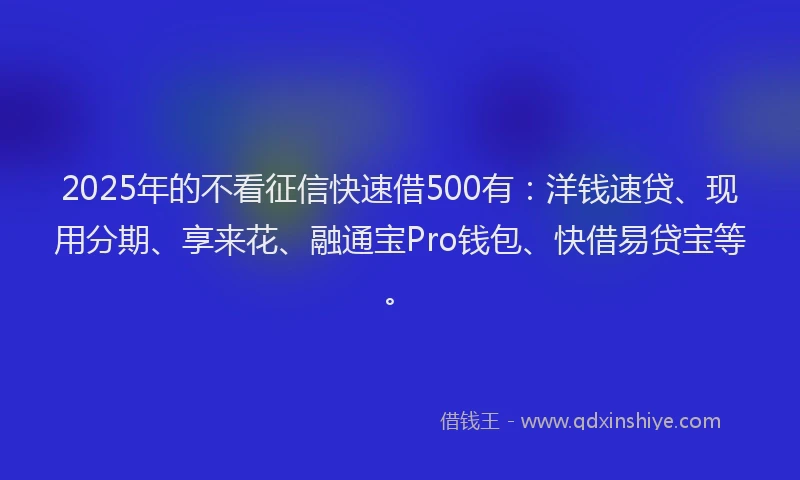 2025年的不看征信快速借500有：洋钱速贷、现用分期、享来花、融通宝Pro钱包、快借易贷宝等。