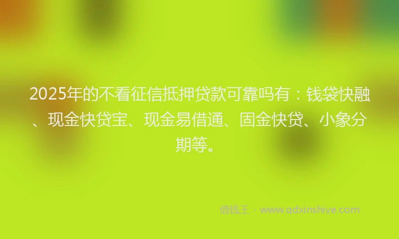 2025年的不看征信抵押贷款可靠吗有：钱袋快融、现金快贷宝、现金易借通、固金快贷、小象分期等。