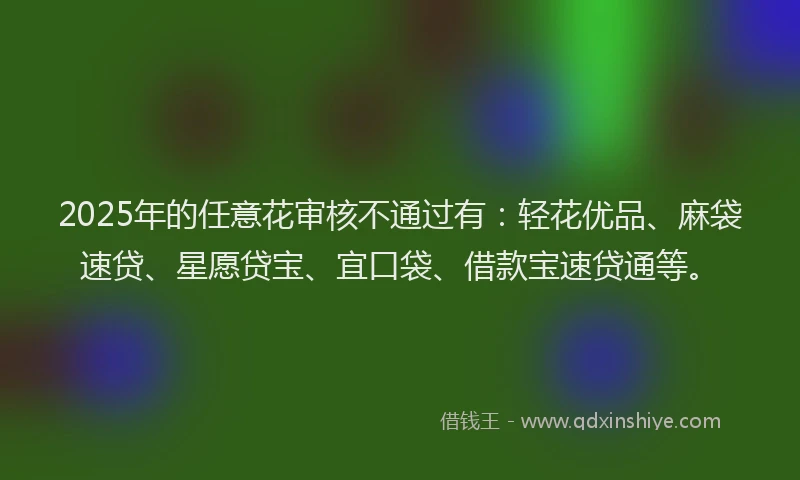 2025年的任意花审核不通过有：轻花优品、麻袋速贷、星愿贷宝、宜口袋、借款宝速贷通等。