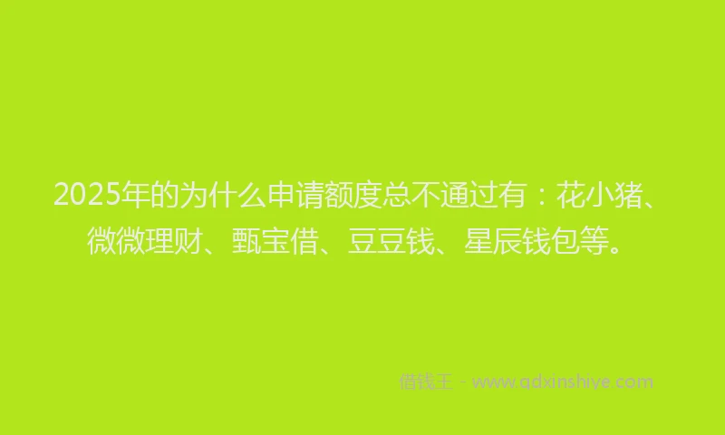 2025年的为什么申请额度总不通过有：花小猪、微微理财、甄宝借、豆豆钱、星辰钱包等。