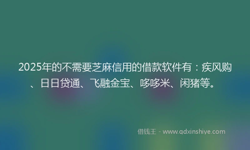 2025年的不需要芝麻信用的借款软件有：疾风购、日日贷通、飞融金宝、哆哆米、闲猪等。