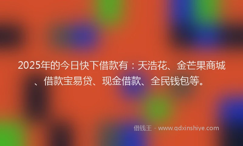 2025年的今日快下借款有：天浩花、金芒果商城、借款宝易贷、现金借款、全民钱包等。