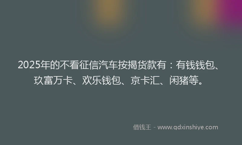 2025年的不看征信汽车按揭货款有：有钱钱包、玖富万卡、欢乐钱包、京卡汇、闲猪等。